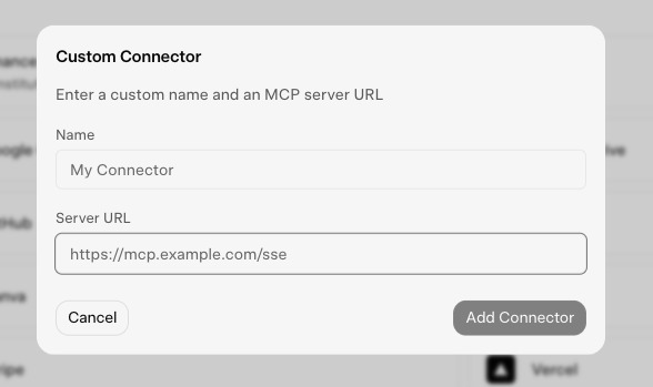 Grok Custom Connector dialog with Name and Server URL fields